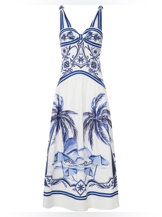 FARM Rio Dresses & Skirts - FARM Rio White and Blue Tropical Palm-Print Maxi Dress cut out wonderful city